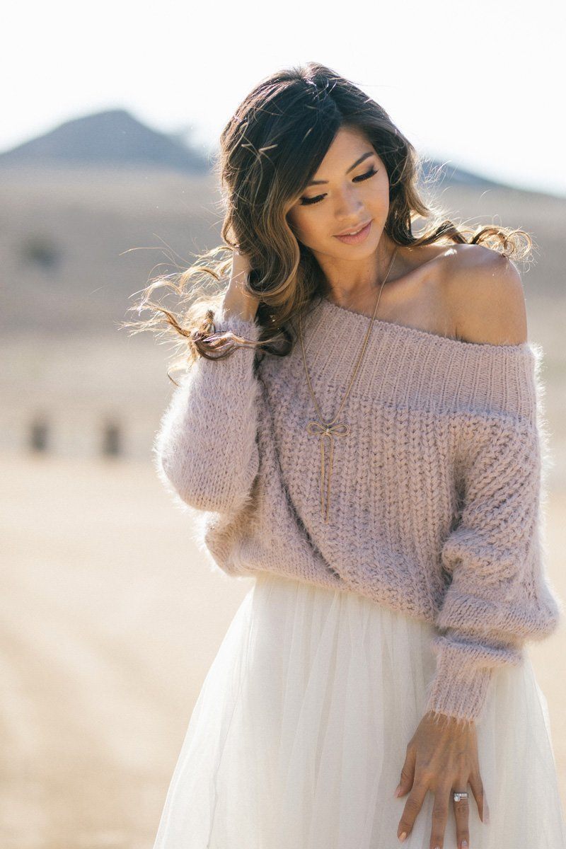 Knit Sweater Off The Shoulder Eyelash - Demi - Morning Lavender