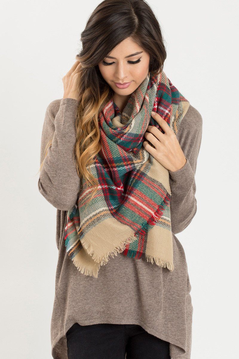 Plaid Knitted Scarf Beige Holly Morning Lavender Online Boutique