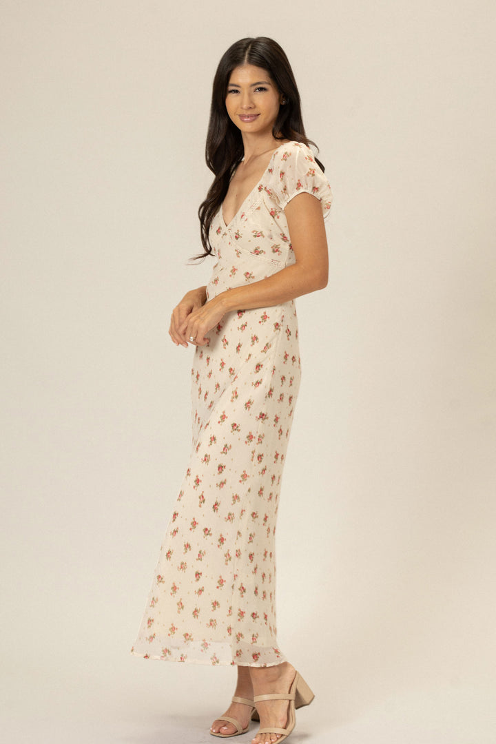 A long, floral-print dress with a v-neckline, short sleeves, and a floor-length hemline, modeled by a woman with long, dark hair.