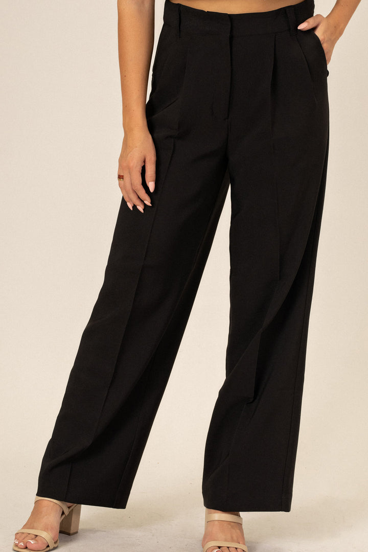Black wide-leg pants with high waist and pleats, styled on a female model.