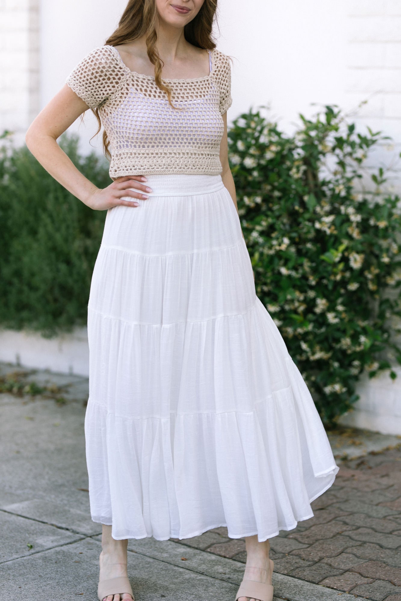 Tiered maxi skirt top outfit