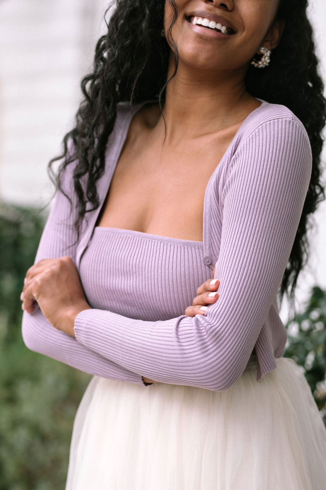 Two Cute Lavender Ribbed Knit Crop Top and Cardigan Sweater Set