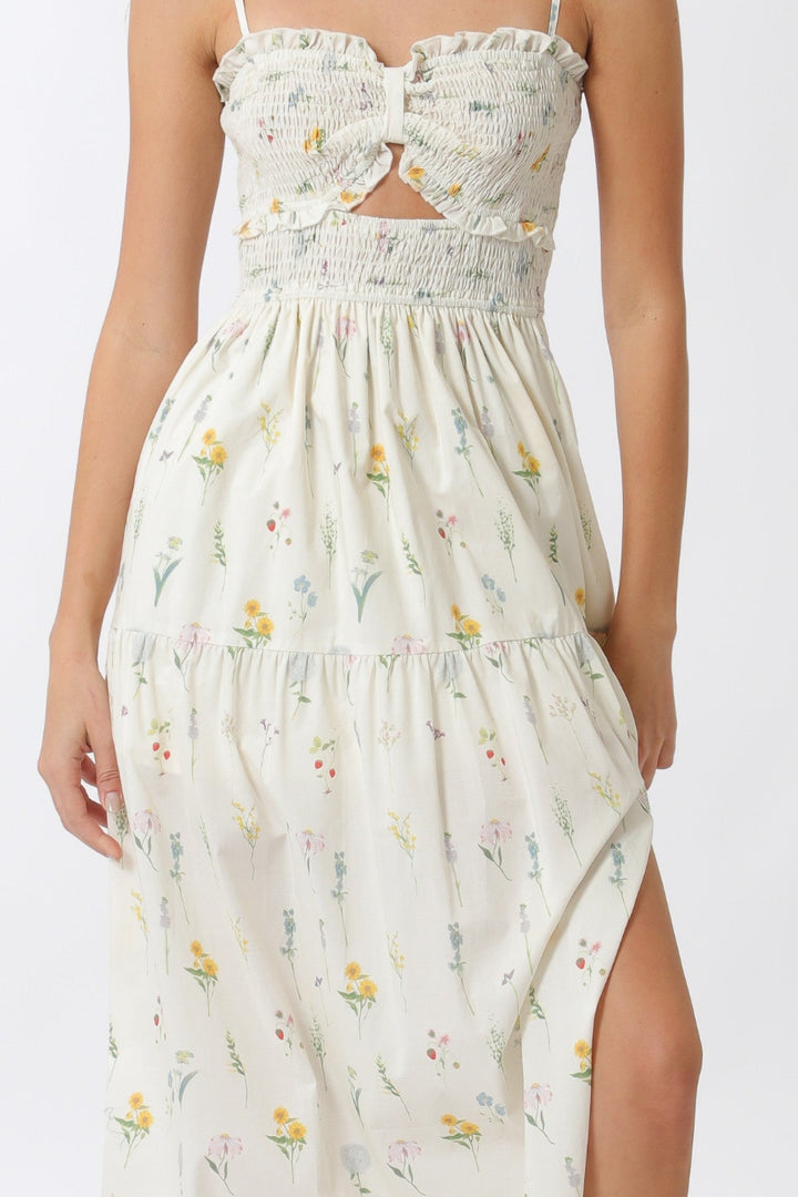 Floral print dress with smocked bodice, tiered skirt, and adjustable spaghetti straps in a soft, ivory color palette.