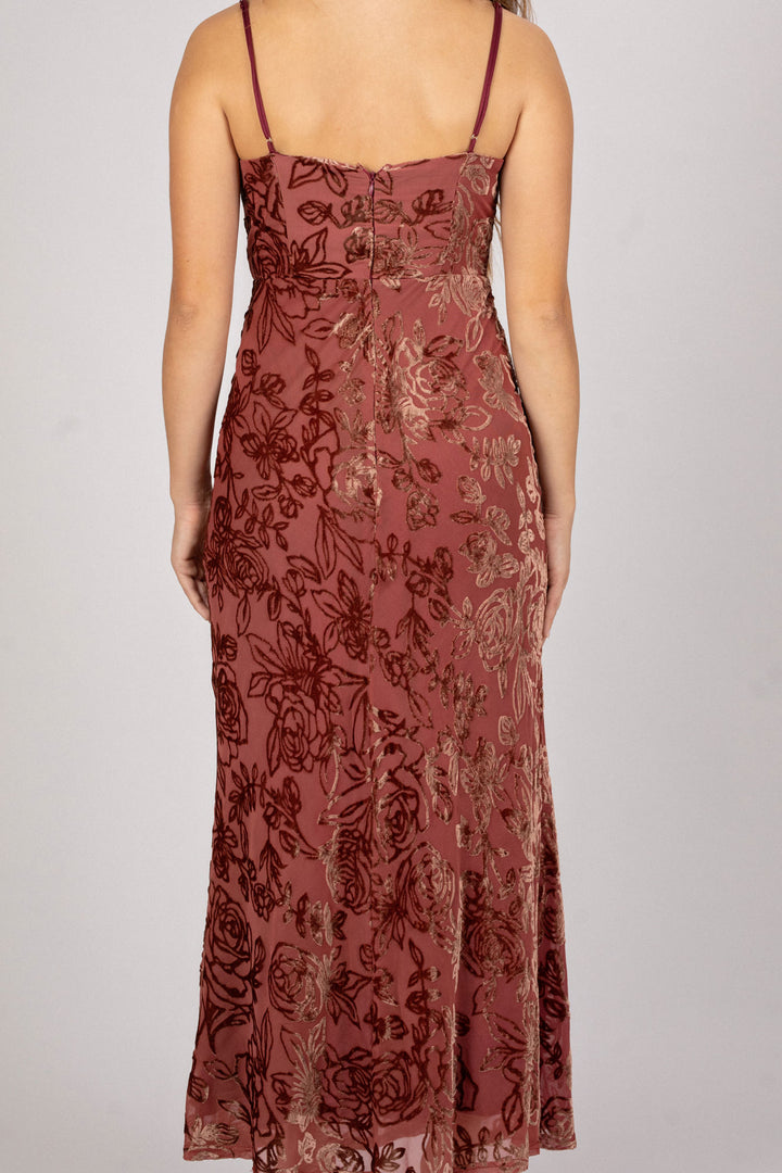 Maroon sleeveless midi dress with floral embroidered pattern and a cowl neckline.