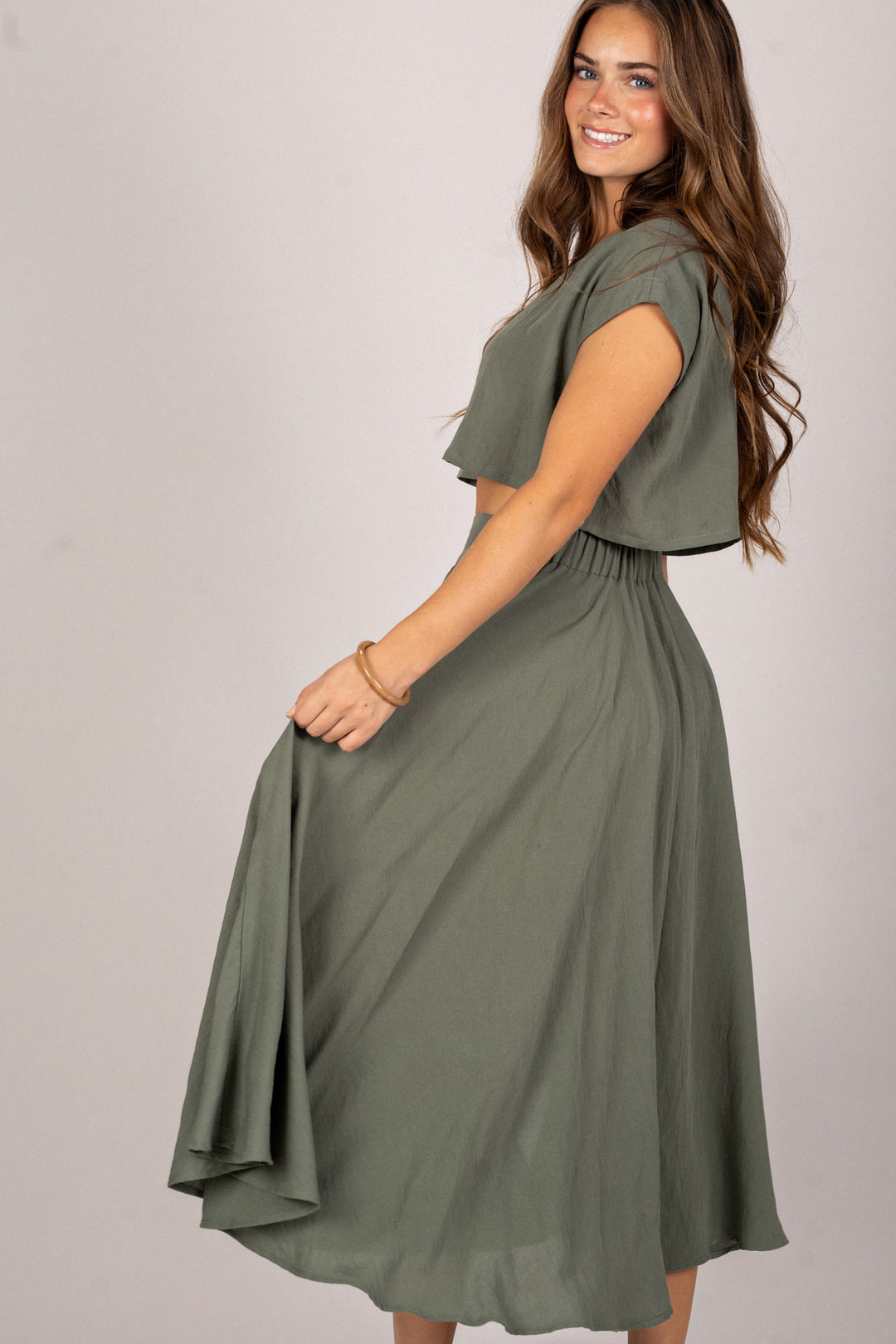 olive green two piece dress Two Piece Skirt Set - Noemi