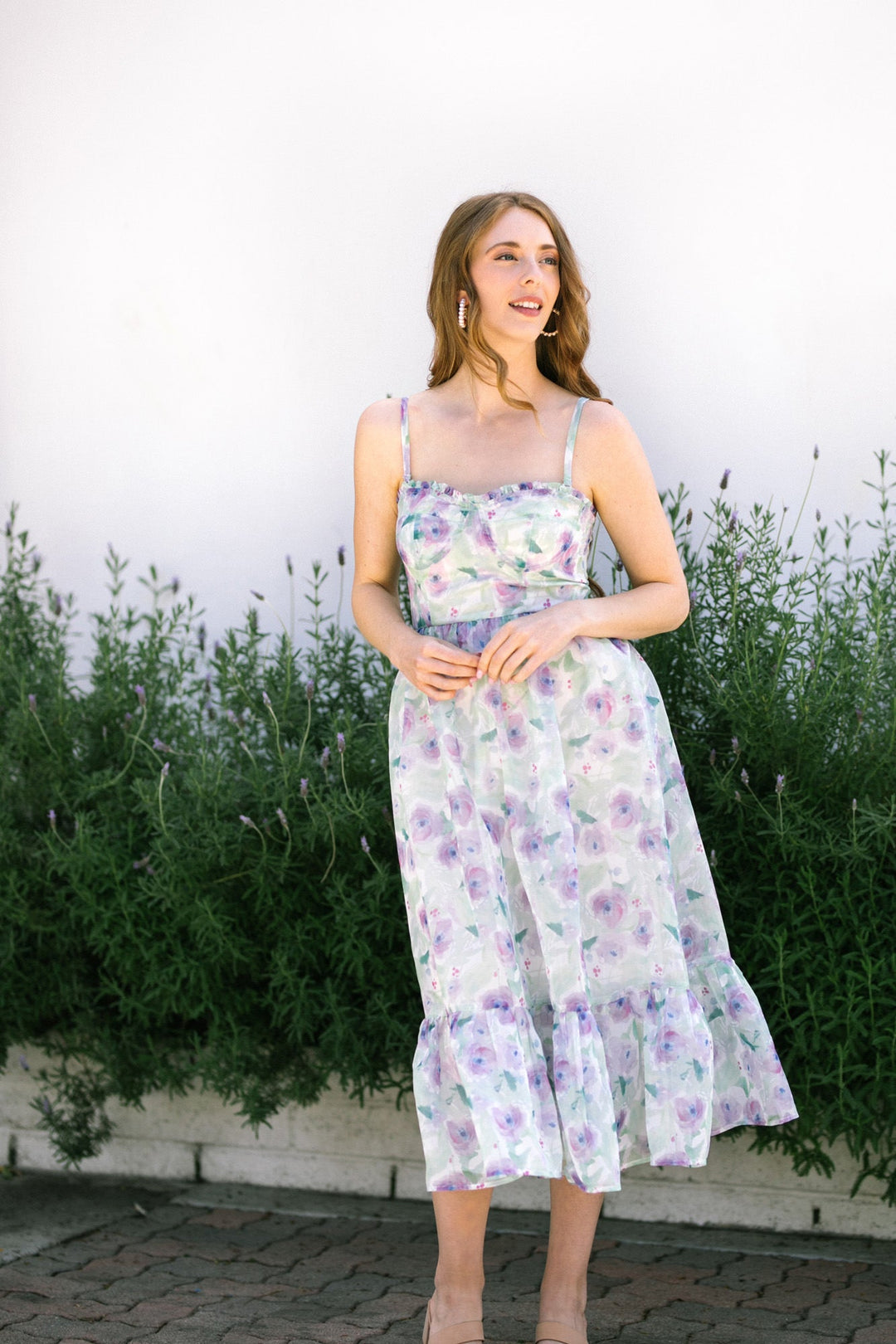 Monaco Midi Dress - Strappy Sweetheart Tiered Dress in Lavender Botanical  Floral