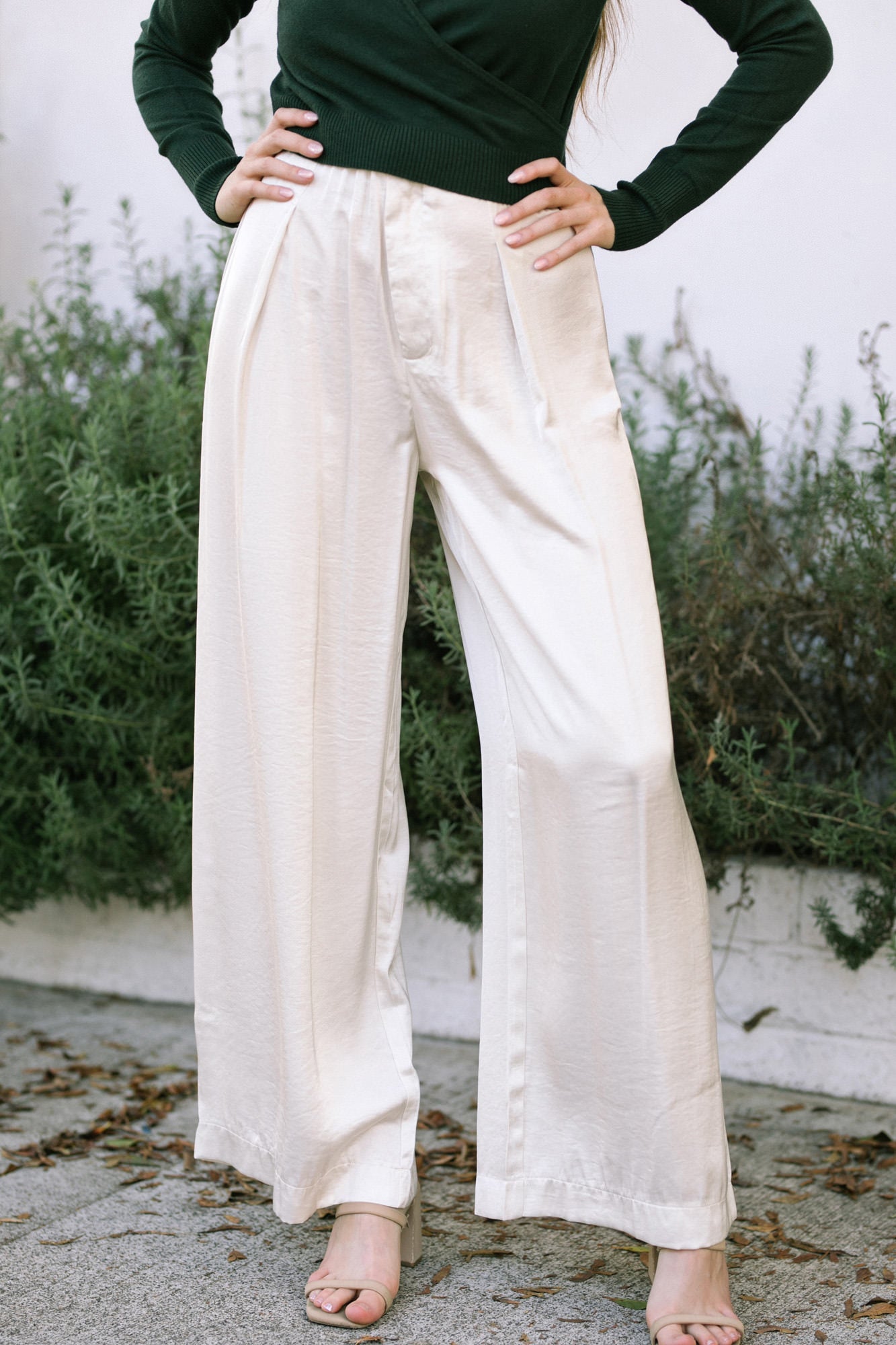 White satin wide leg clearance pants