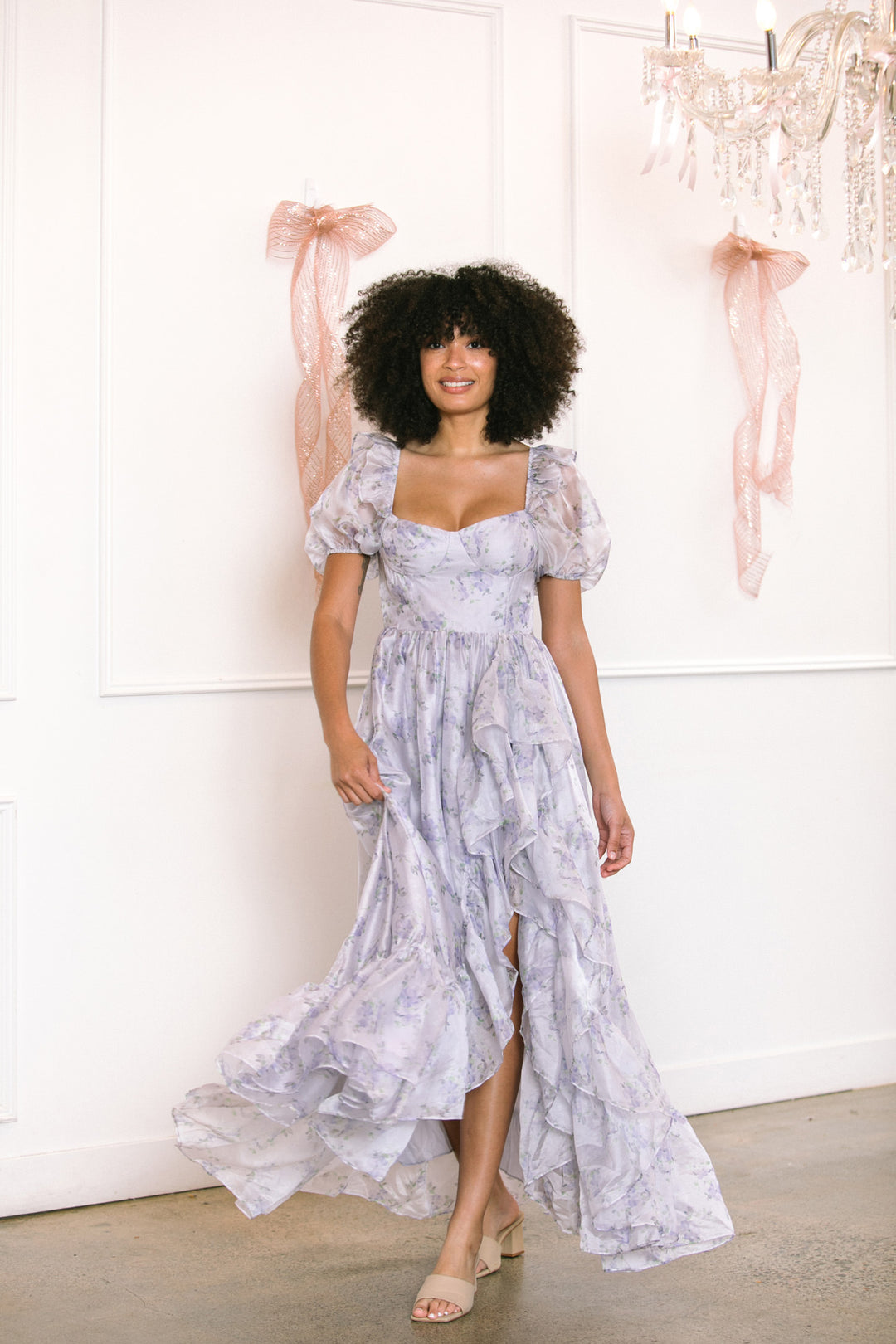 lavender floral dress Standard / XS V-Neck Satin Bridesmaid with Flutter Sleeves Experience elegance and femininity in the Simone Lavender Floral Tiered Midi Dress Lavender Lilac Casual Summer Dress
