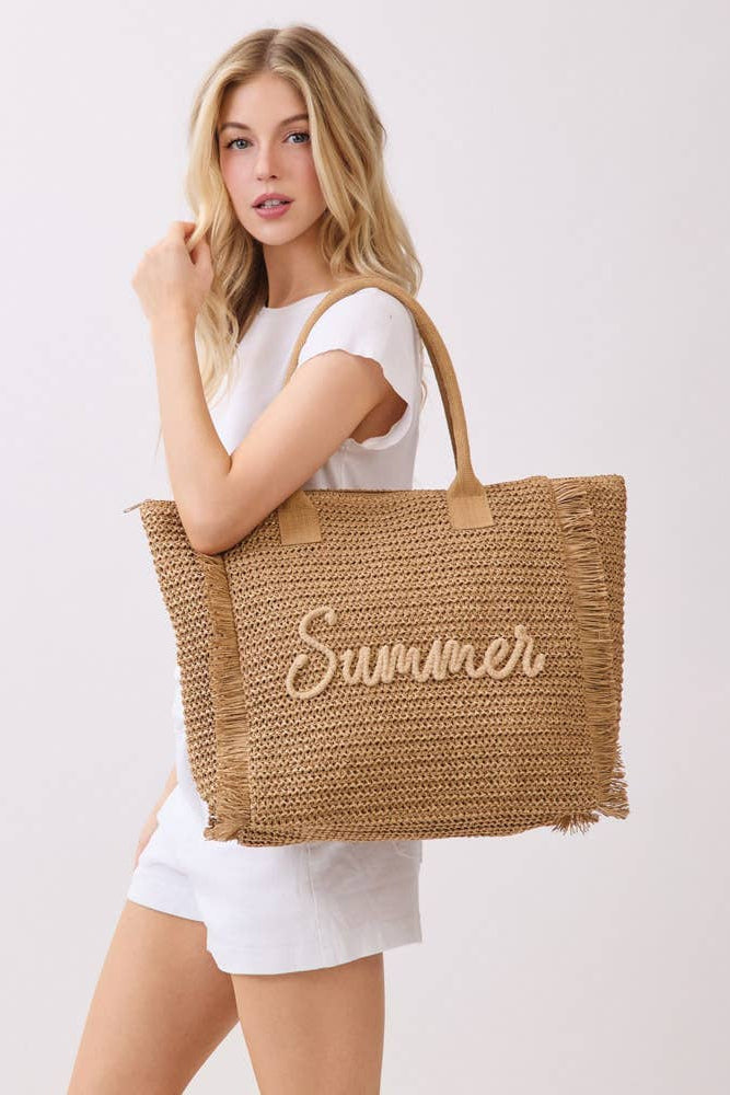 Mia Woven Straw Fringe Summer Tote