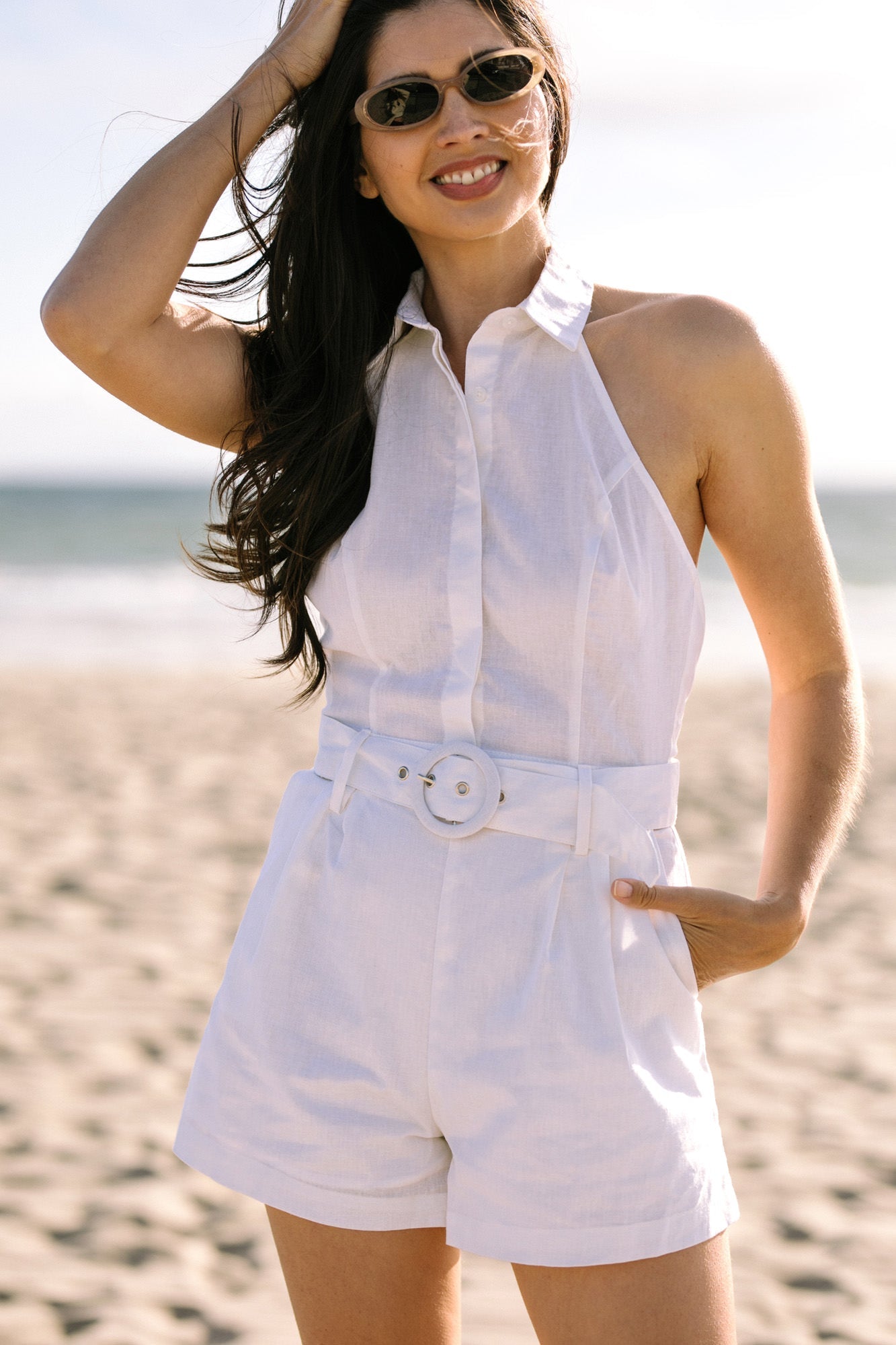 Jax Belted Halter Romper - Morning Lavender Boutique Rompers