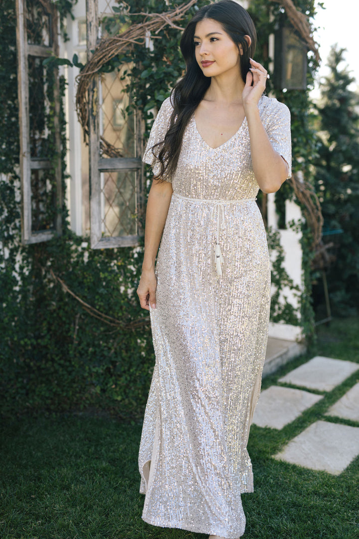 A long, shimmering silver sequin dress with a v-neck and short sleeves, perfect for formal events.