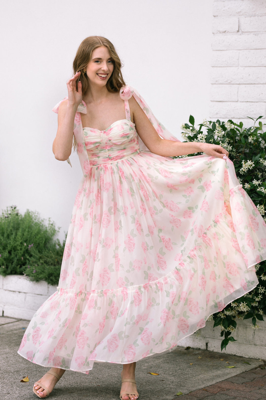 sweetheart midi dress Honey Meadow Sweetheart Midi Dress for Women, Brown, Large, Linen Blend, Adjustable Straps, Smocked Back, Front Tie Closure, Fully Lined, Magnolia