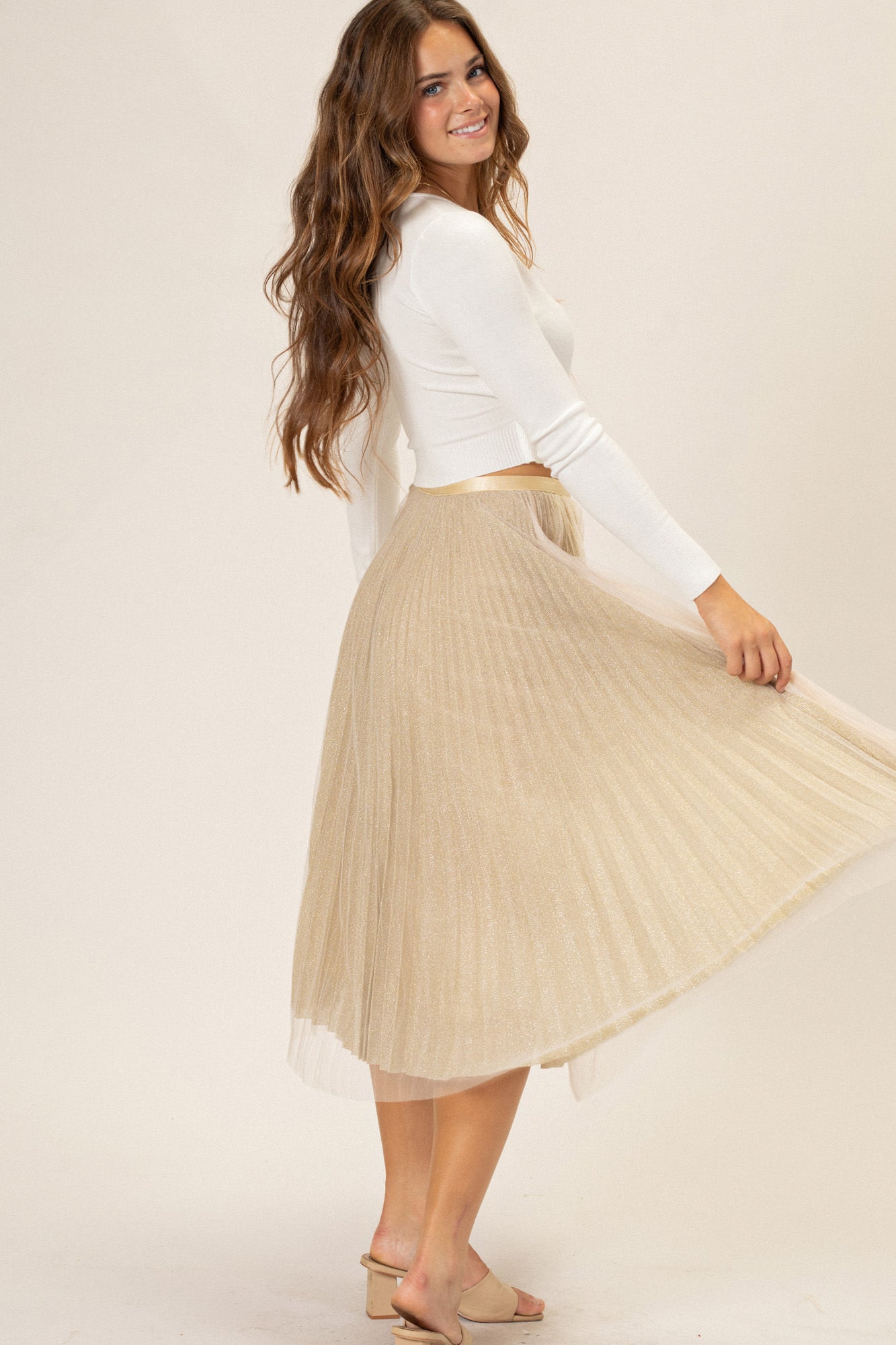 Tulle Midi Skirt Pleated in Green - Vienna - Morning Lavender