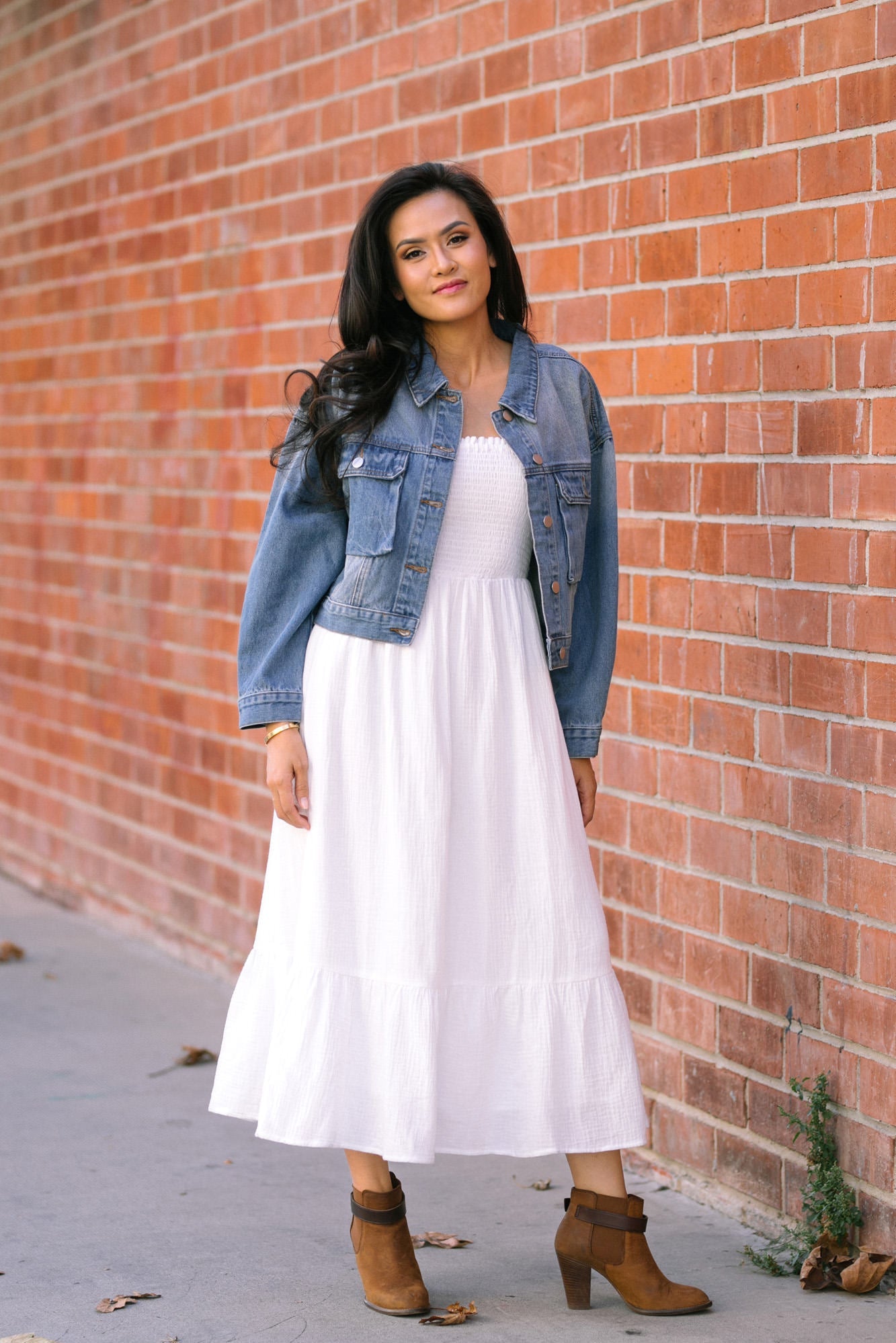 Cropped denim jacket outlet with maxi dress