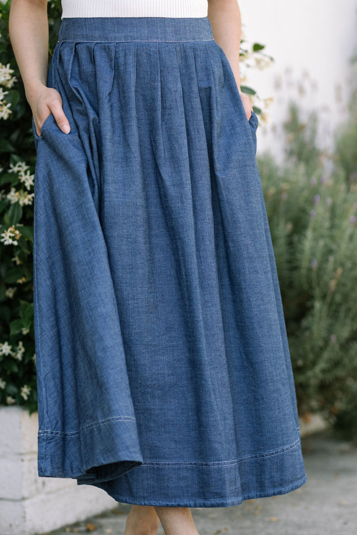 Mina Pleated Denim Midi Skirt