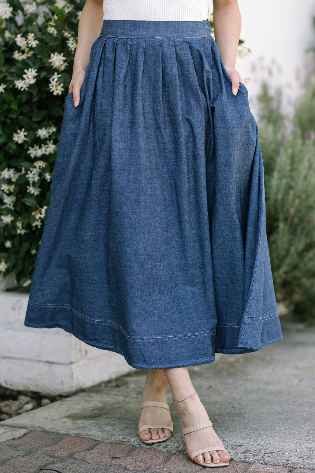 Mina Pleated Denim Midi Skirt