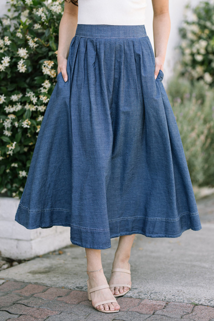 Mina Pleated Denim Midi Skirt