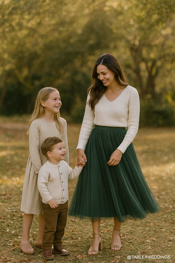 woman in vienna tulle skirt in forest with two kids