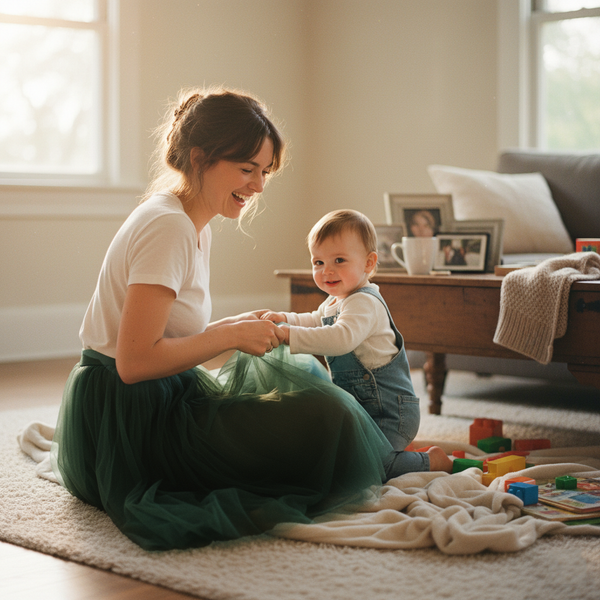 busy mom sitting down in vienna tulle skirt playing with child around 14 months old