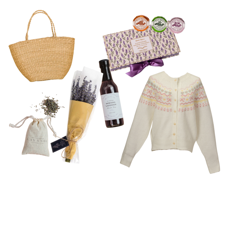 Collage of a woven bag, bottle, card, and sweater on a white background
