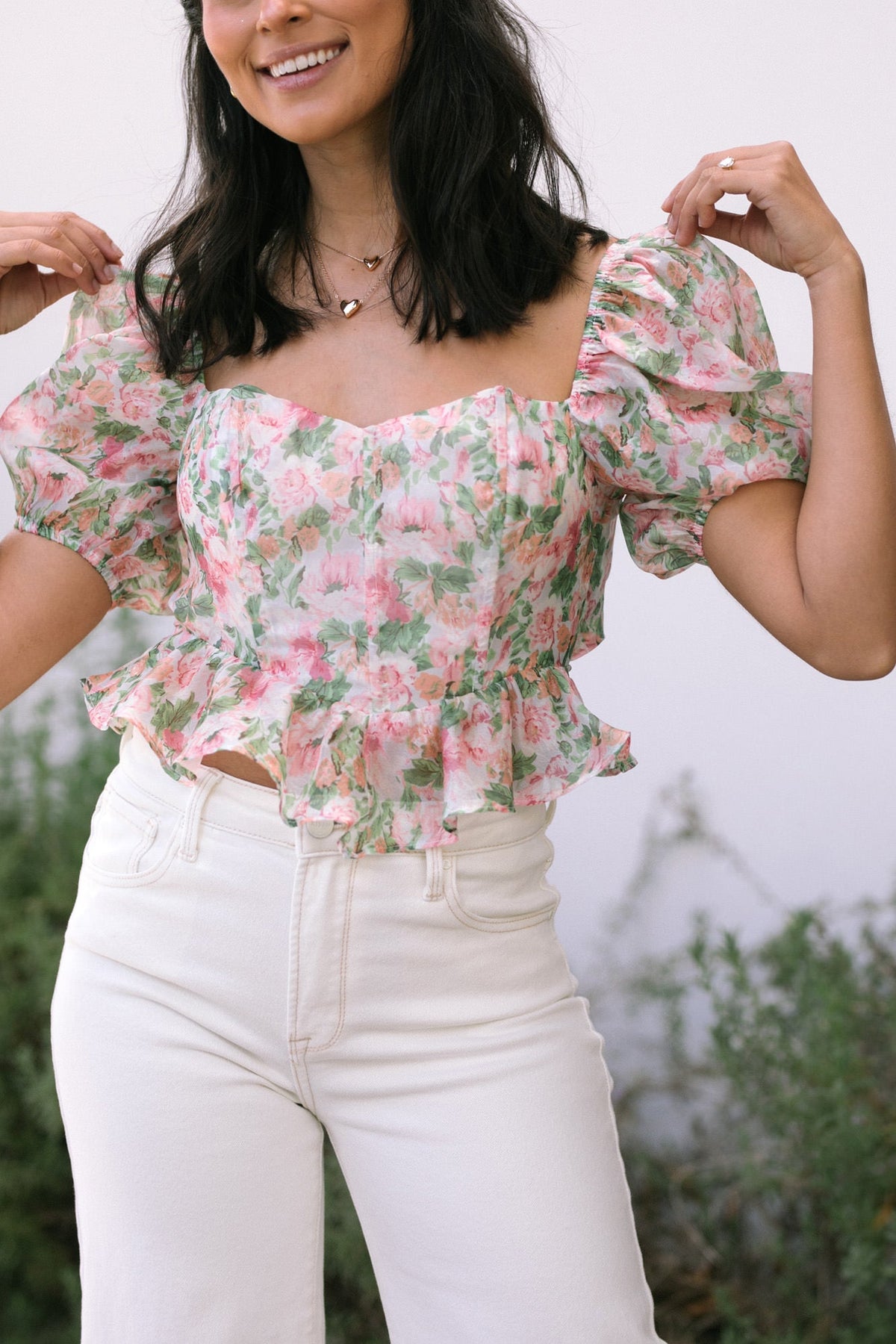 Shop Corset Top Elegant Floral Print Puff Sleeves at Blooming Daily