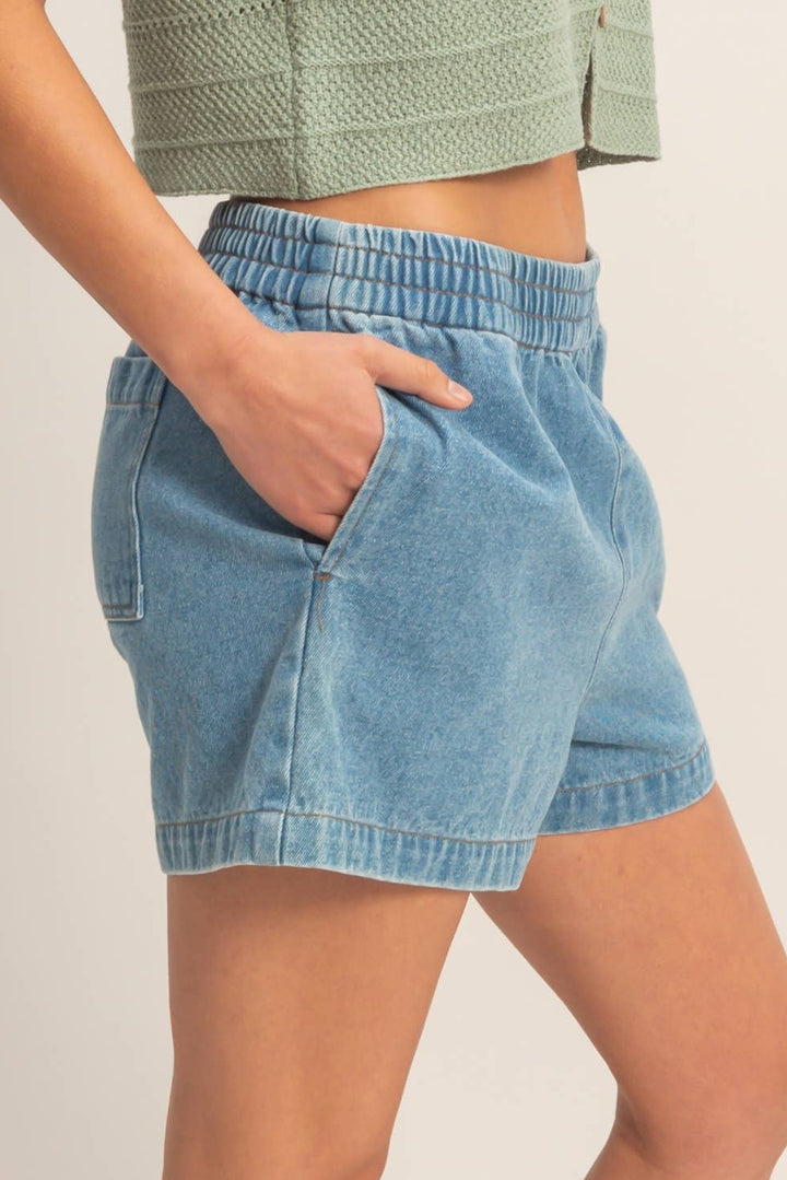 Leslie elastic waist denim shorts in a light blue wash with a relaxed, comfortable fit.