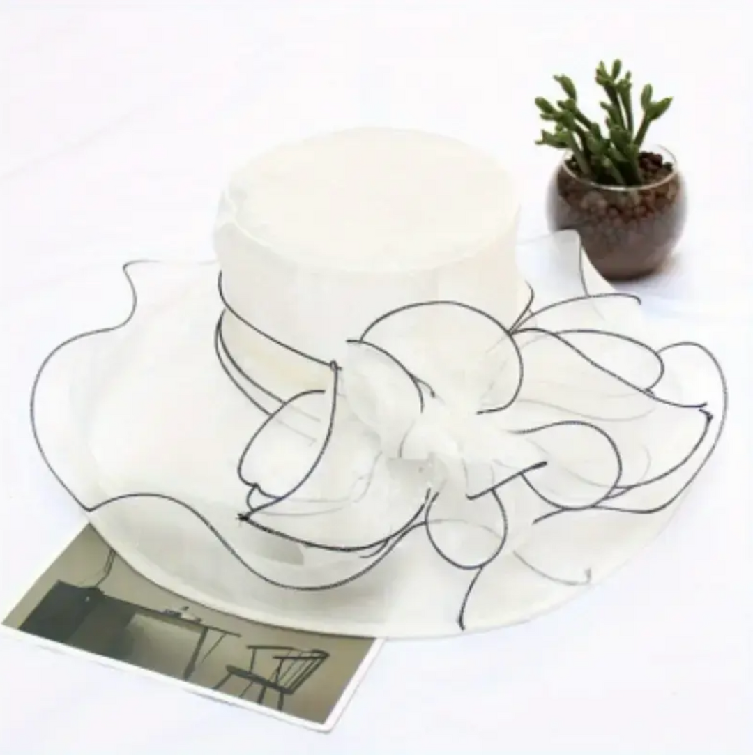 White wide-brimmed derby hat with hand-drawn floral design, accented with succulent plant in a ceramic pot.