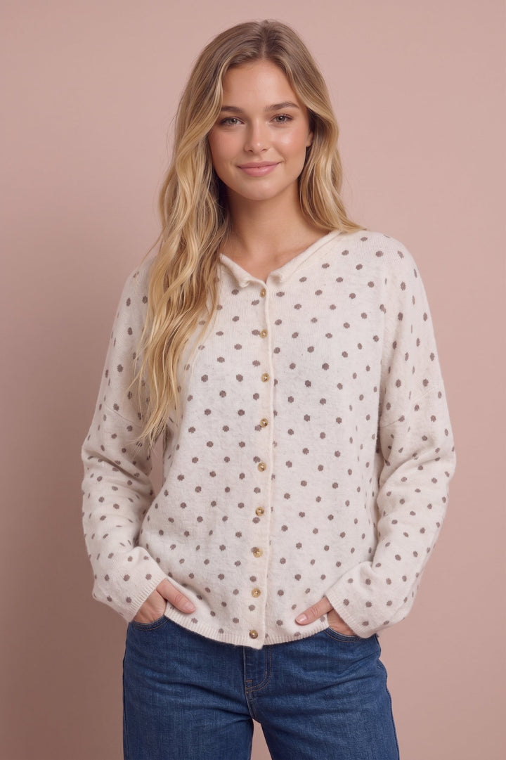 Ashley Polka Dot Knit Cardigan in cream with taupe dots, front view.