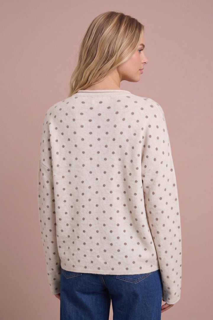 # Ashley Polka Dot Knit Cardigan - Back View

Cream cardigan with taupe polka dots, back view on model wearing jeans.