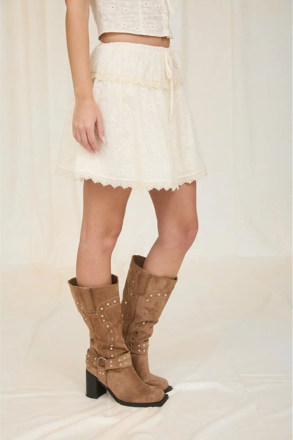 lace top and skirt set and brown boots 