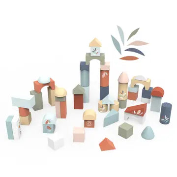 Colorful, modern wooden building blocks in various shapes and pastel hues, ideal for creative play and construction.