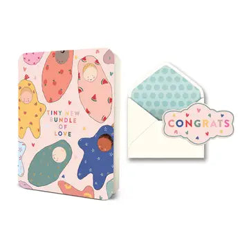Two festive greeting cards in a pastel color palette with whimsical, abstract designs and the text "Congrats".