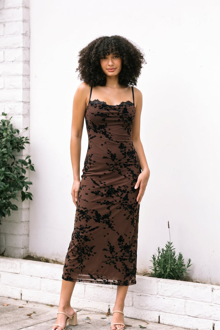 Charlotte Floral Mesh Dress in brown with black floral pattern, worn by model, front view.