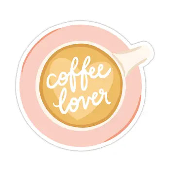 Pink and yellow sticker with white text reading "Coffee Lover" on a circular coffee cup design.