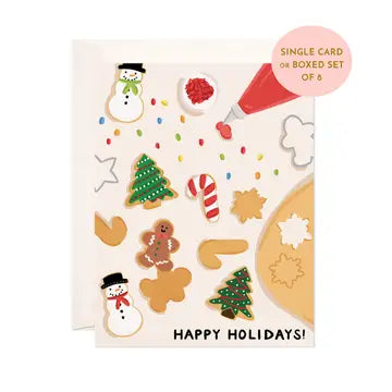 Holiday-themed greeting card with seasonal icons like snowman, tree, candy cane, and gingerbread against a white background.