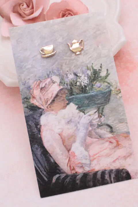 Cup of Tea Fine Art Gold Post Earrings