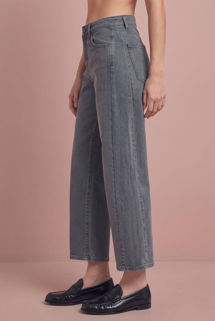 Gray wide-leg cropped jeans with high waist, shown from side view with black loafers.