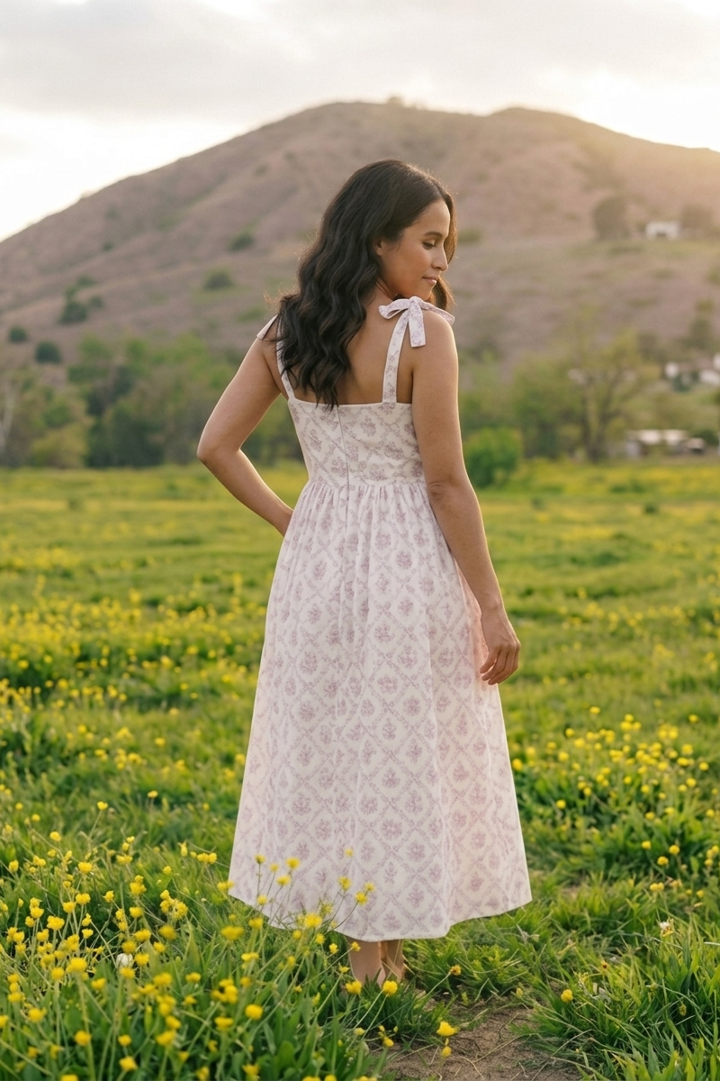 A woman stands in a grassy field with yellow wildflowers and a hill in the background, wearing a sleeveless white lace midi dress with tie straps and a gathered waist.