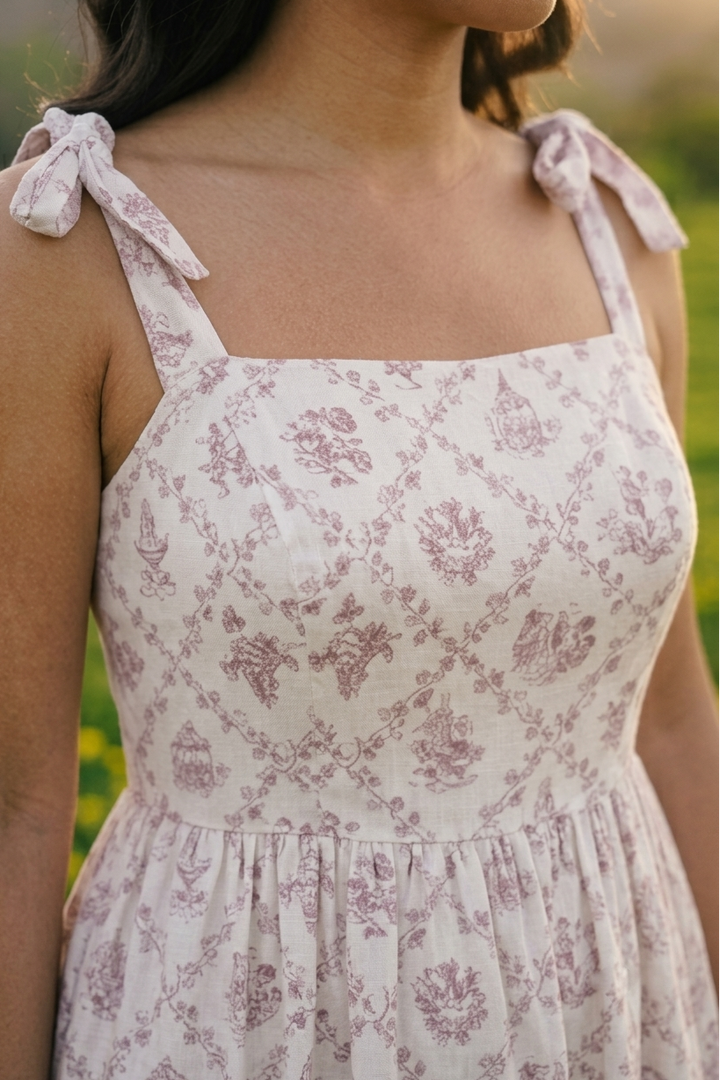 A close-up of a woman wearing a sleeveless white dress with a dusty pink floral damask pattern and tie-shoulder straps, photographed outdoors with a soft blurred green background.