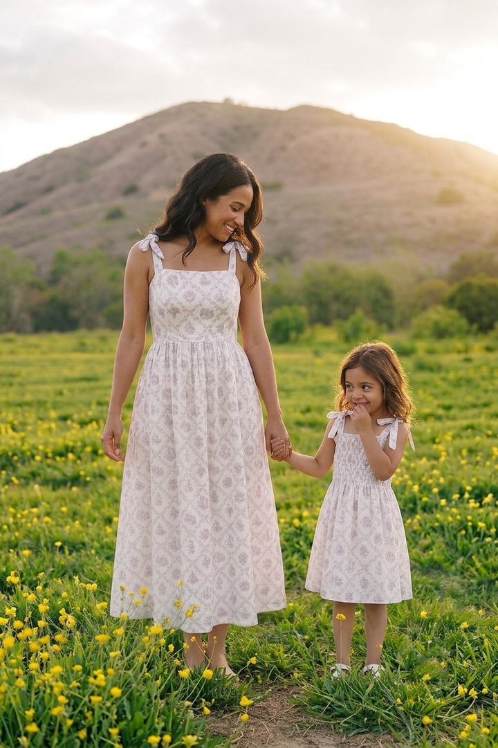 A woman and a young girl standing in a field of yellow flowers, both wearing matching white sleeveless dresses with a subtle geometric pattern. The woman holds the girl&