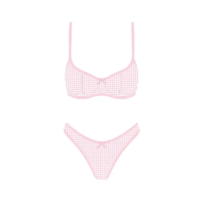Pink and white gingham bikini set with v-neckline top and low-rise bottoms.