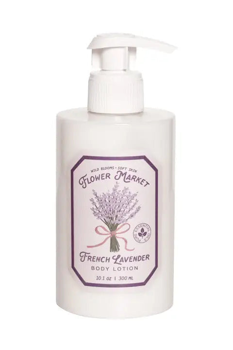 White plastic bottle with purple label and pump dispenser, featuring a graphic of a lavender flower bouquet and text "Flower Market French Lavender Body Lotion".