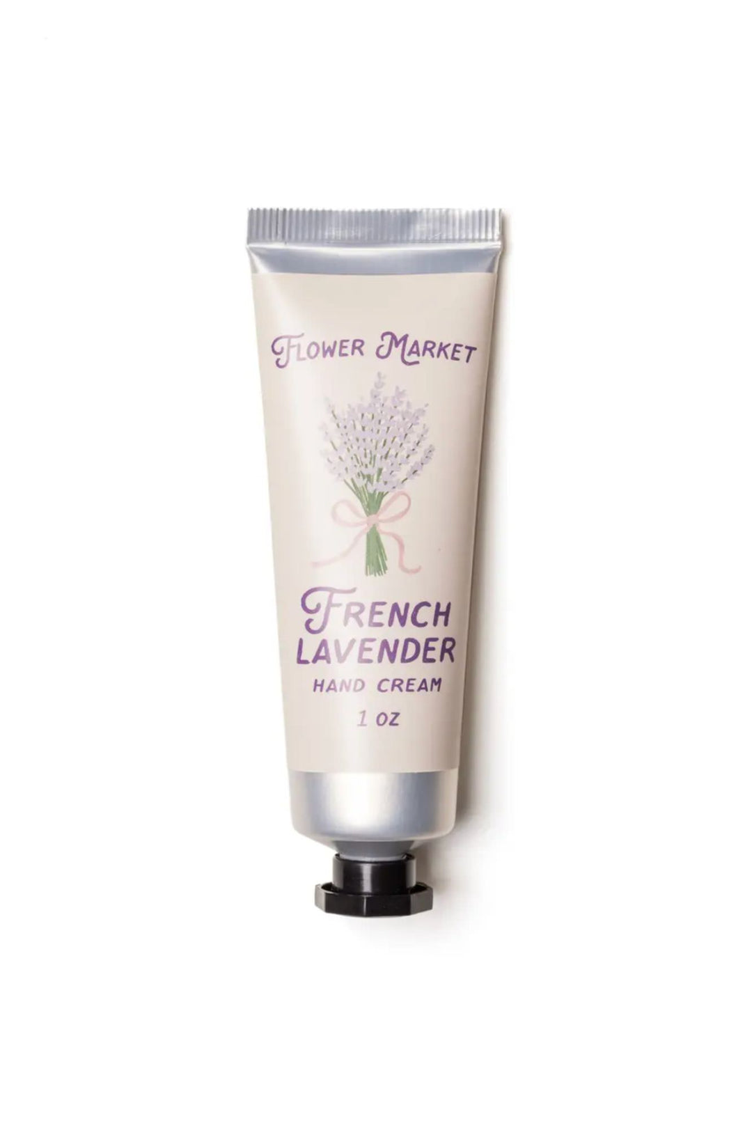 A 1 oz tube of Flower Market French Lavender hand cream, featuring a hand-tied lavender bouquet illustration and a soothing floral scent.