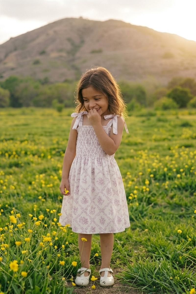 A young girl stands in a sunlit field of yellow flowers wearing a sleeveless white dress with a subtle pink floral pattern and bow details on the shoulders, with a grassy hill in the background.