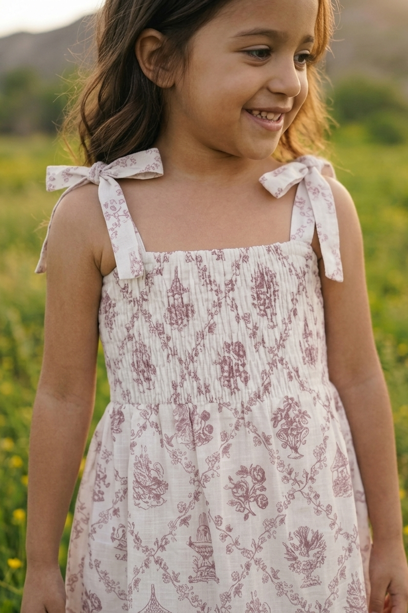 A young girl wearing a smocked sleeveless dress with a dusty rose floral toile pattern on a cream background, standing in a sunny grassy field.