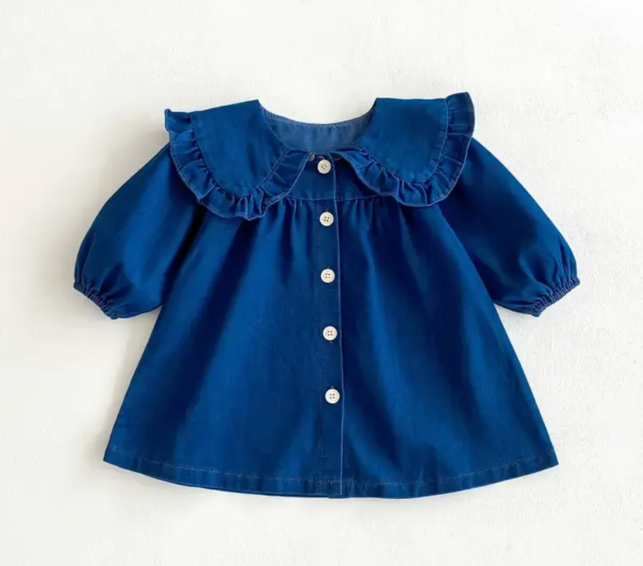 Blue denim dress with puffy sleeves and ruffled collar for girls.