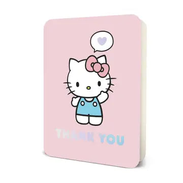 A pastel pink greeting card featuring the iconic Hello Kitty character with a heart-shaped speech bubble.