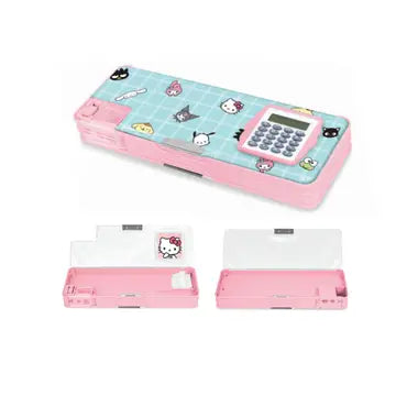 Compact pink and blue pencil case with Hello Kitty and other character graphics, including calculator and storage compartments.