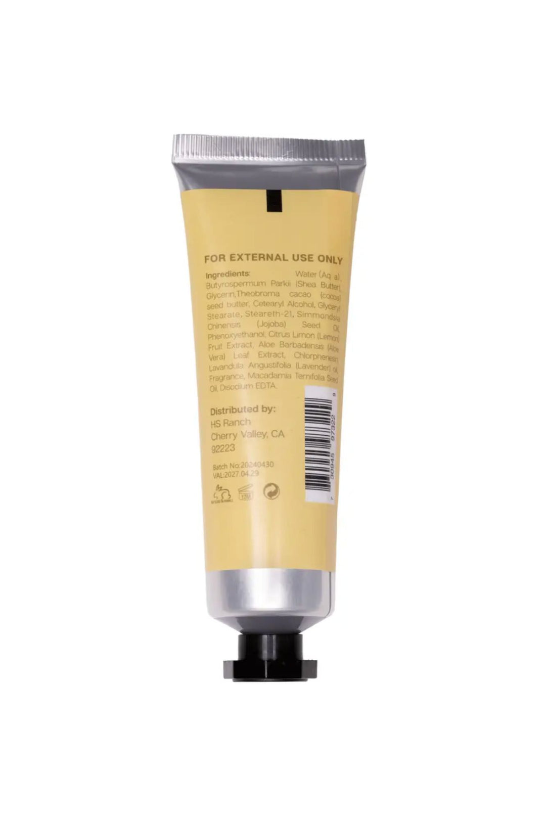 A 1-oz tube of yellow hand cream with a silver cap and label stating "For External Use Only" and listing natural ingredient
