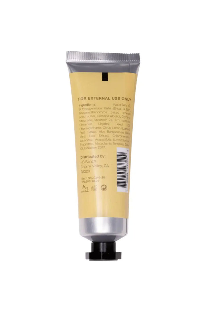 A 1-oz tube of yellow hand cream with a silver cap and label stating "For External Use Only" and listing natural ingredient
